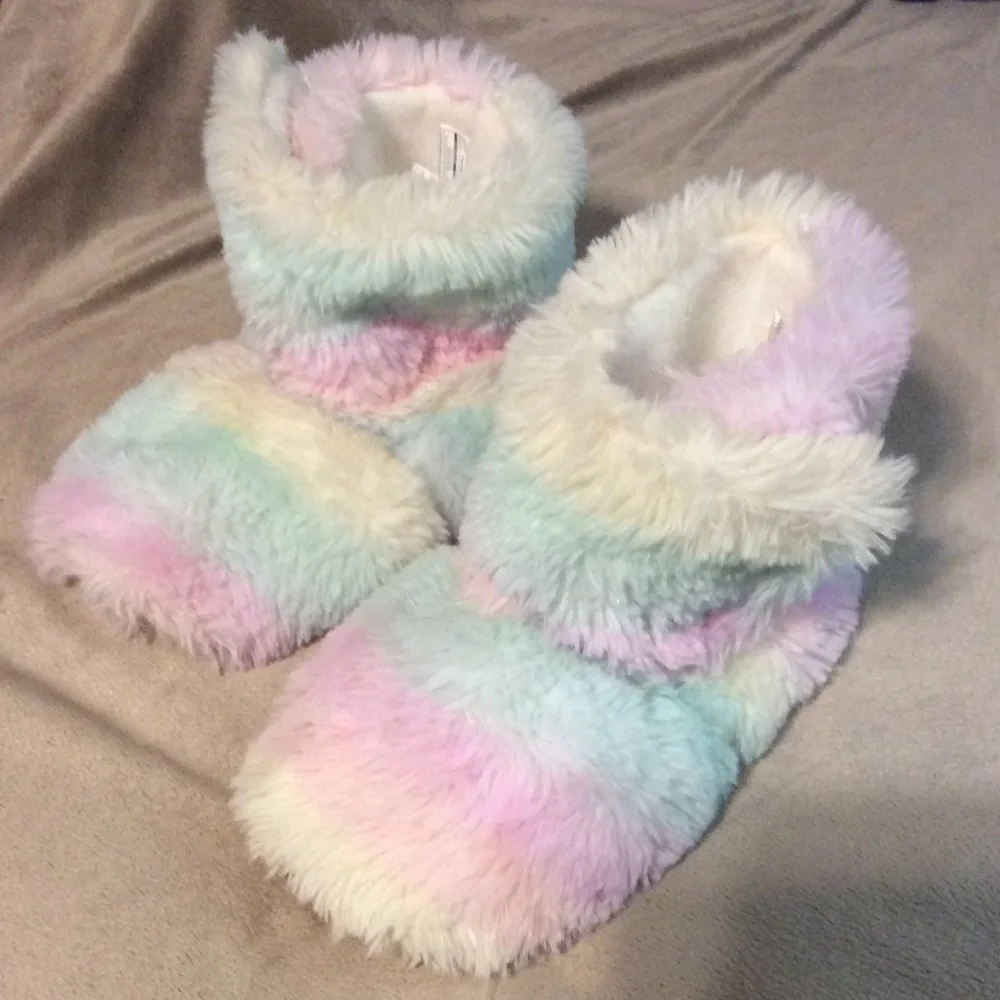 rainbow colored fuzzy slippers